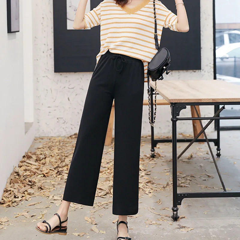 Women Ankle-Length Wide Leg Pants trouser Casual Elastic Waist