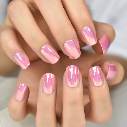 Short Pink Chrome Glossy Manicure Squoval Press On Nails Fake Nail Tips