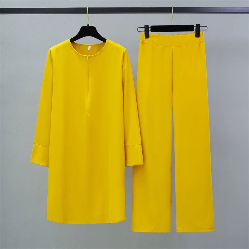 Two Pieces Suits Set. Long Chiffon Shirts Pullover Tops and Straight Pants Loose Trousers