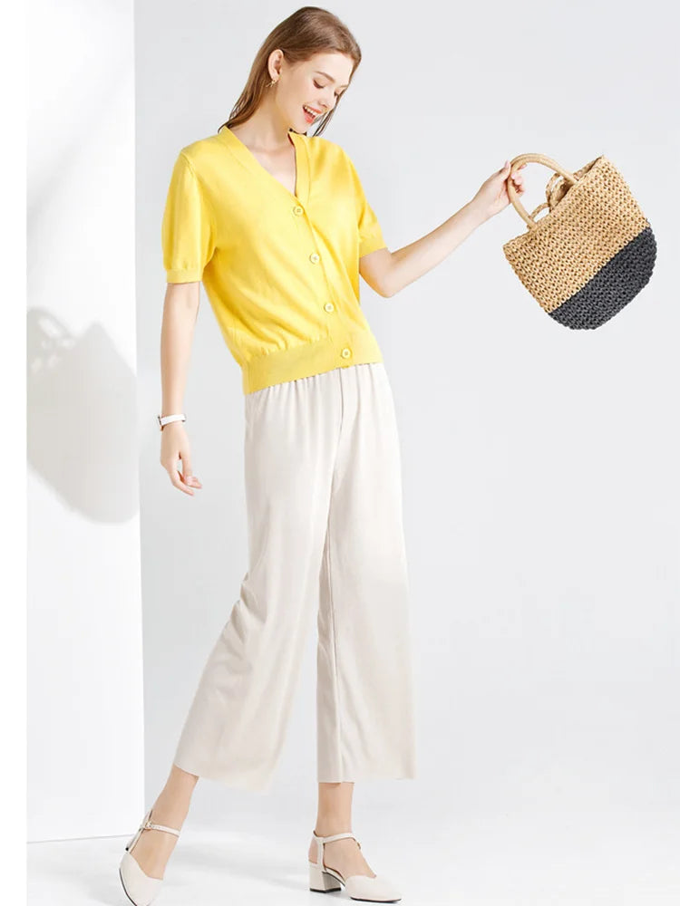 Women Ankle-Length Wide Leg Pants trouser Casual Elastic Waist