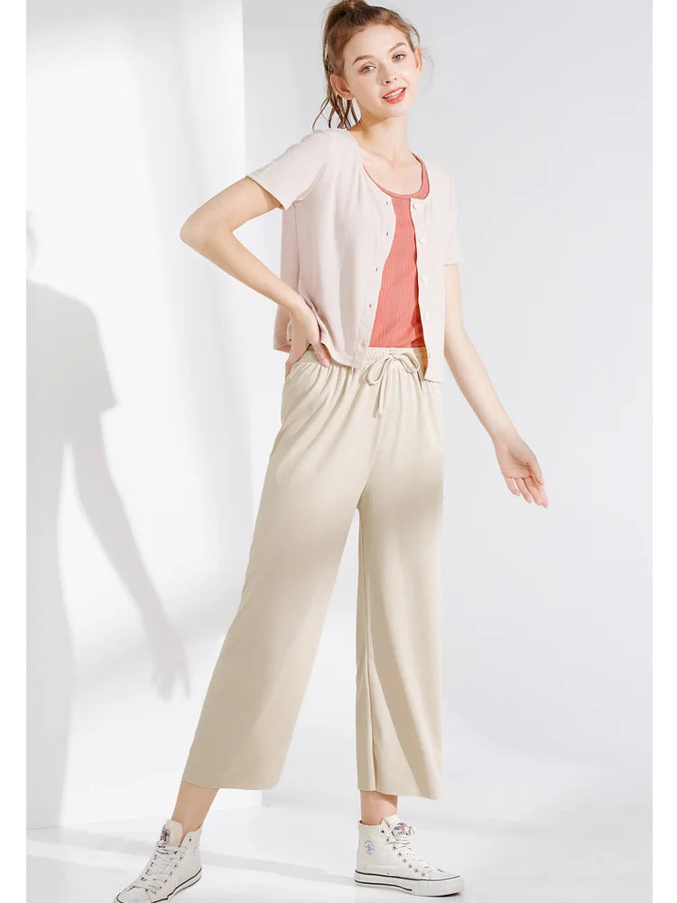 Women Ankle-Length Wide Leg Pants trouser Casual Elastic Waist