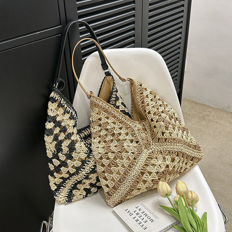 Handmade Straw Woven Hollow Contrast Color Weave Shoulder Bag