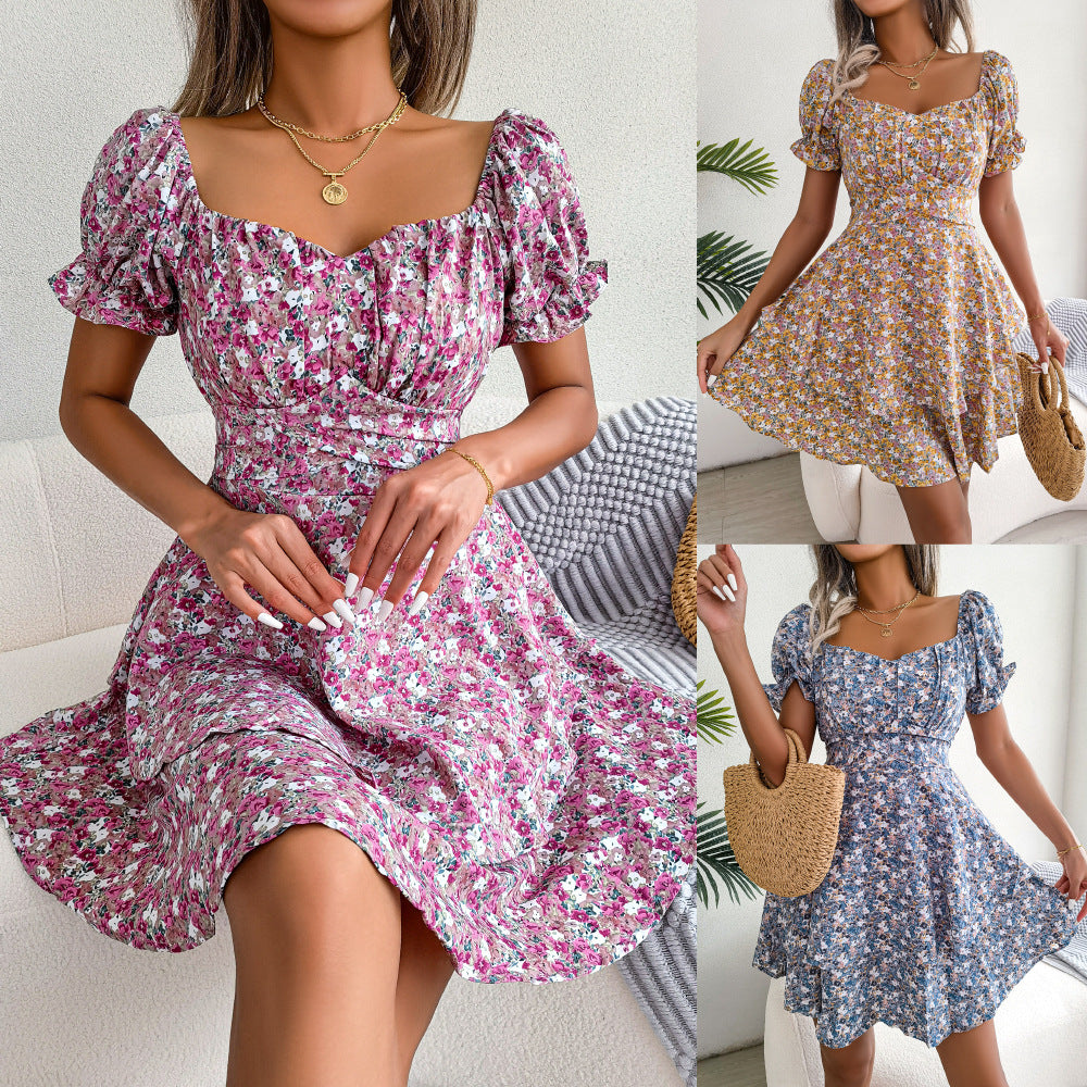 Mini Dress Swing Loose Hem Flower Print Shirring Dress