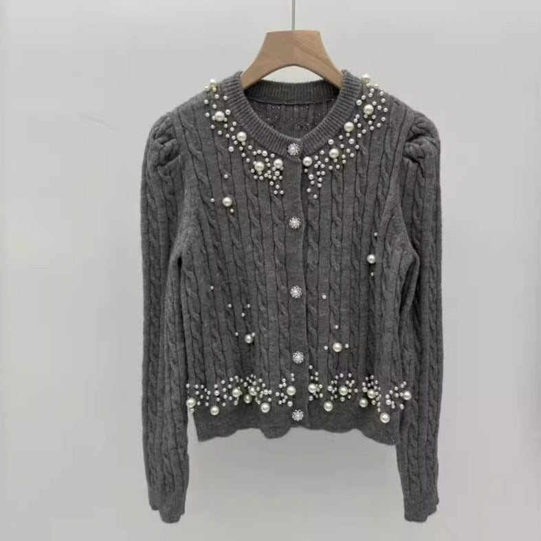 Heavy Industry Beaded Twist Bubble Long Sleeve Knitted Sweater