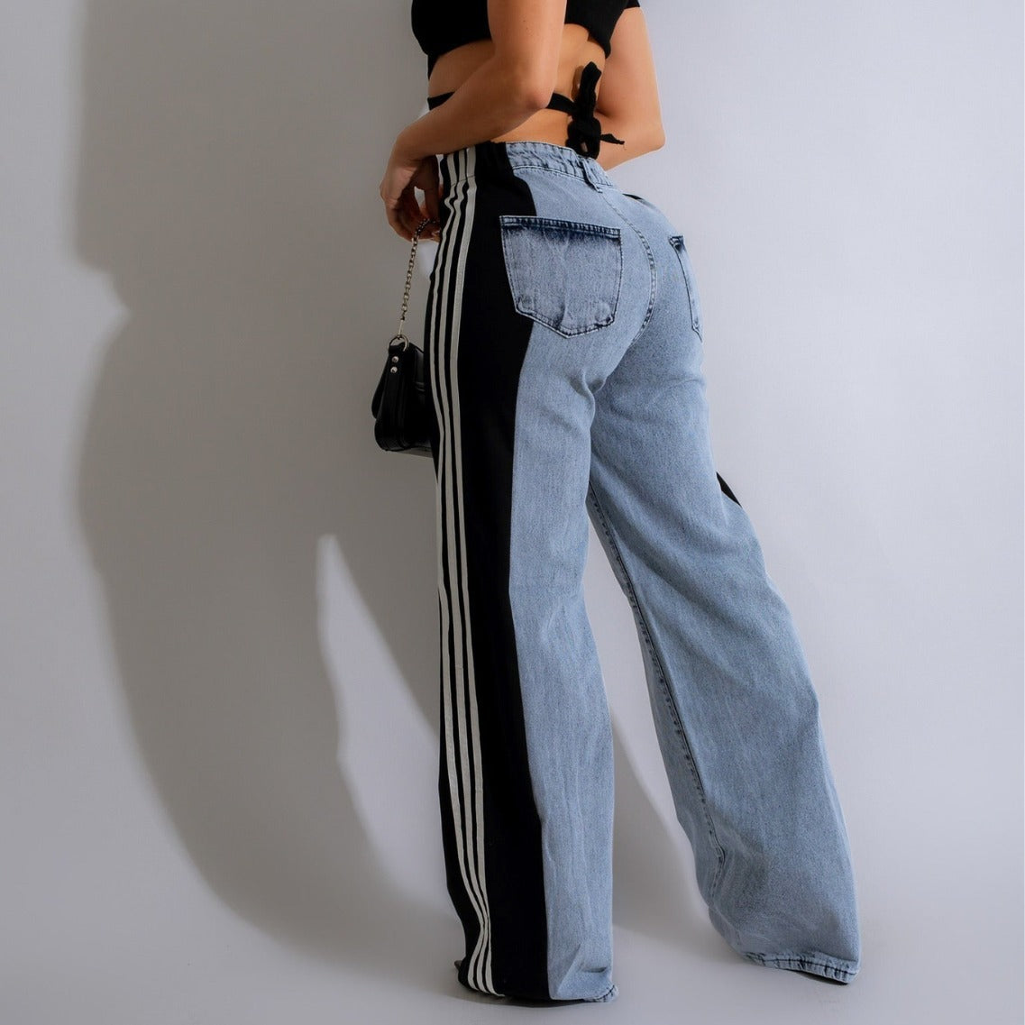 Casual High Waist Elastic Straight Leg Trousers, Denim Wide Leg Pants