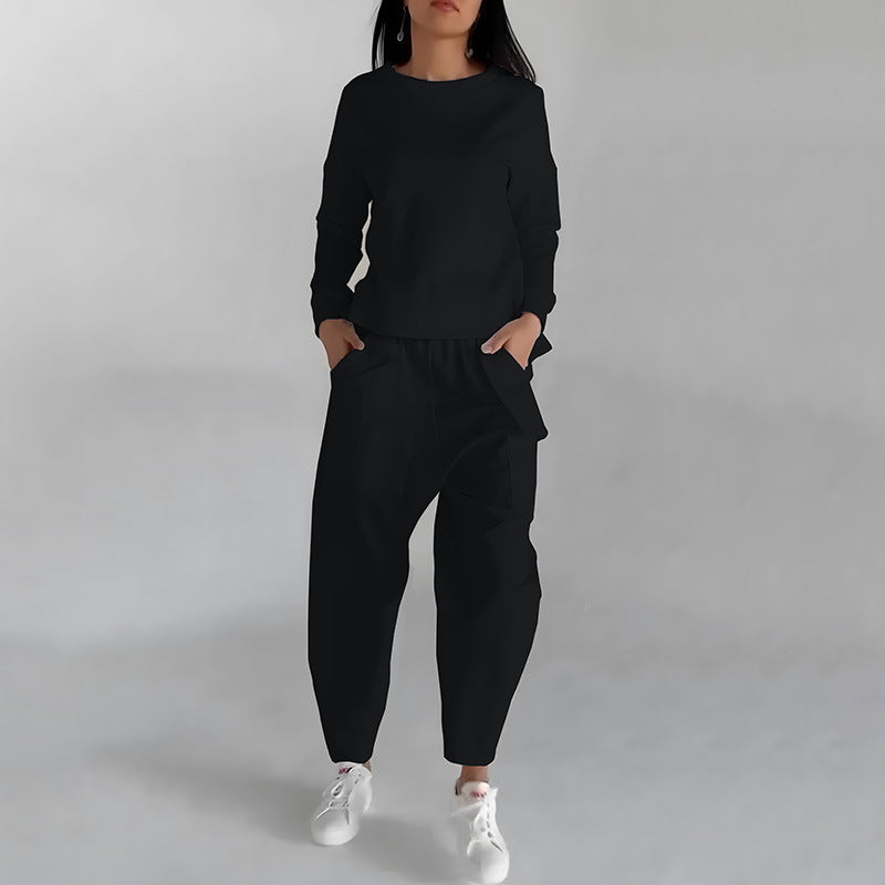 Sweatshirt Long Sleeve Back Slit Top With Pockets Loose Trousers