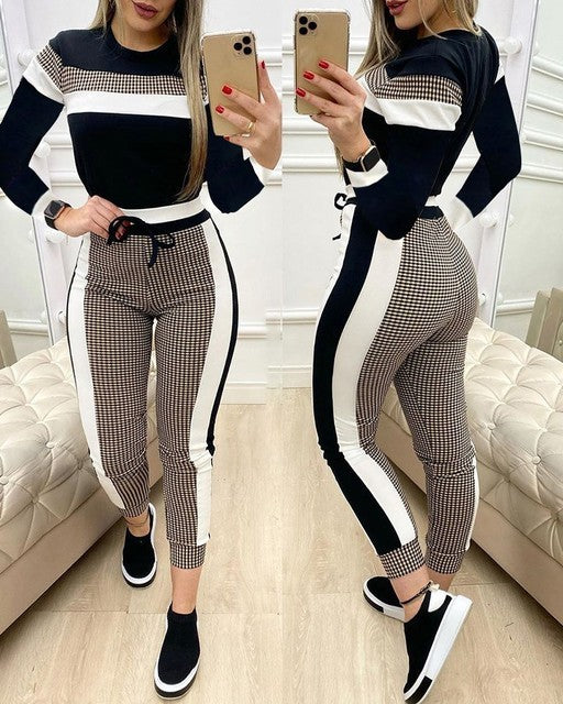 Fashion Women Sets Short Sleeve Tops High Waist Pant