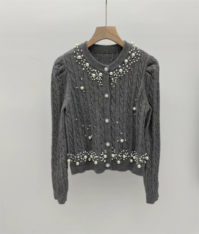 Heavy Industry Beaded Twist Bubble Long Sleeve Knitted Sweater