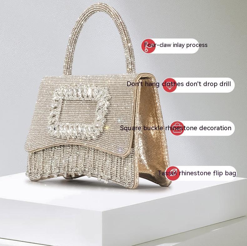 Square Buckle Hot Rhinestone Rhinestone Tote Female Tassel Flip Party bag