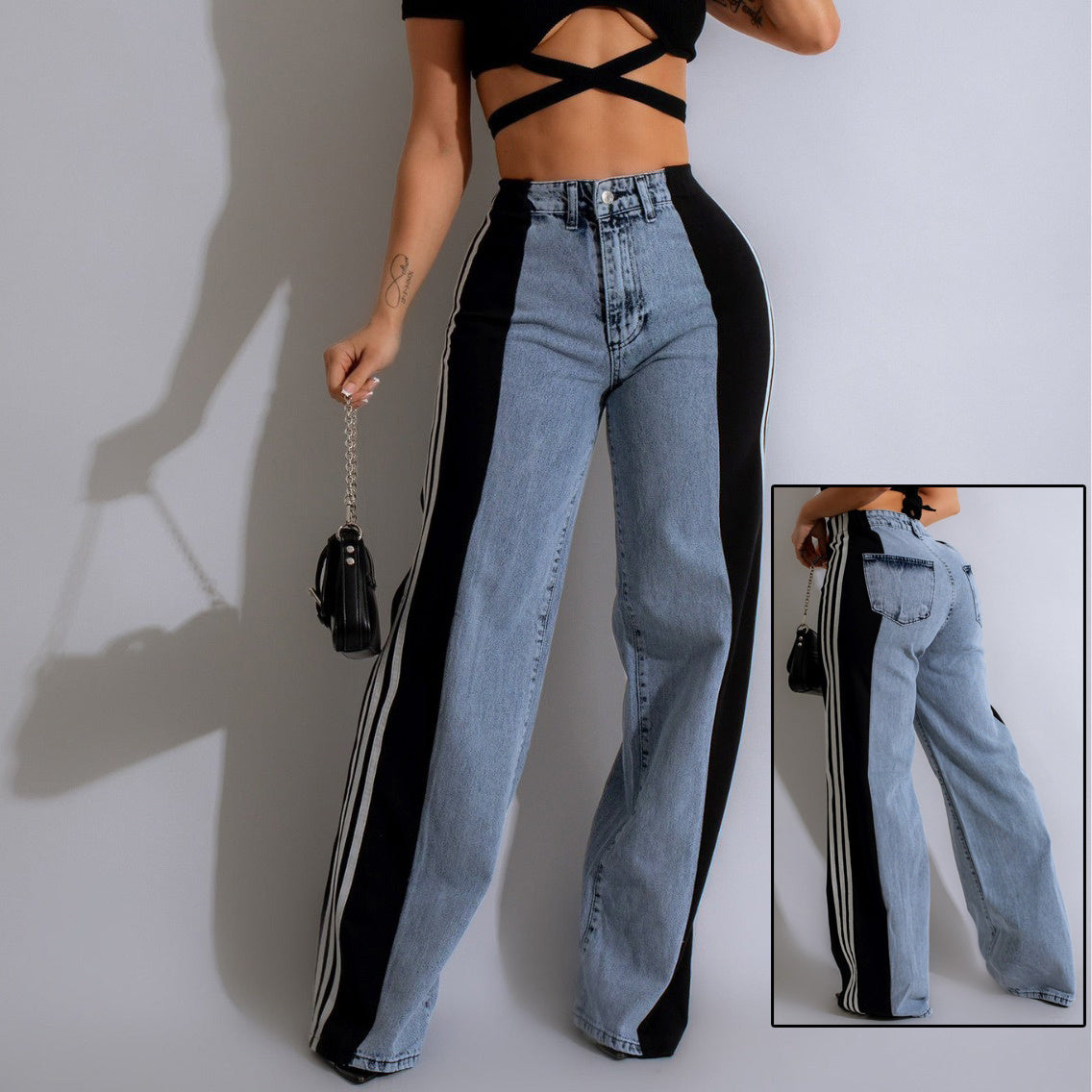 Casual High Waist Elastic Straight Leg Trousers, Denim Wide Leg Pants