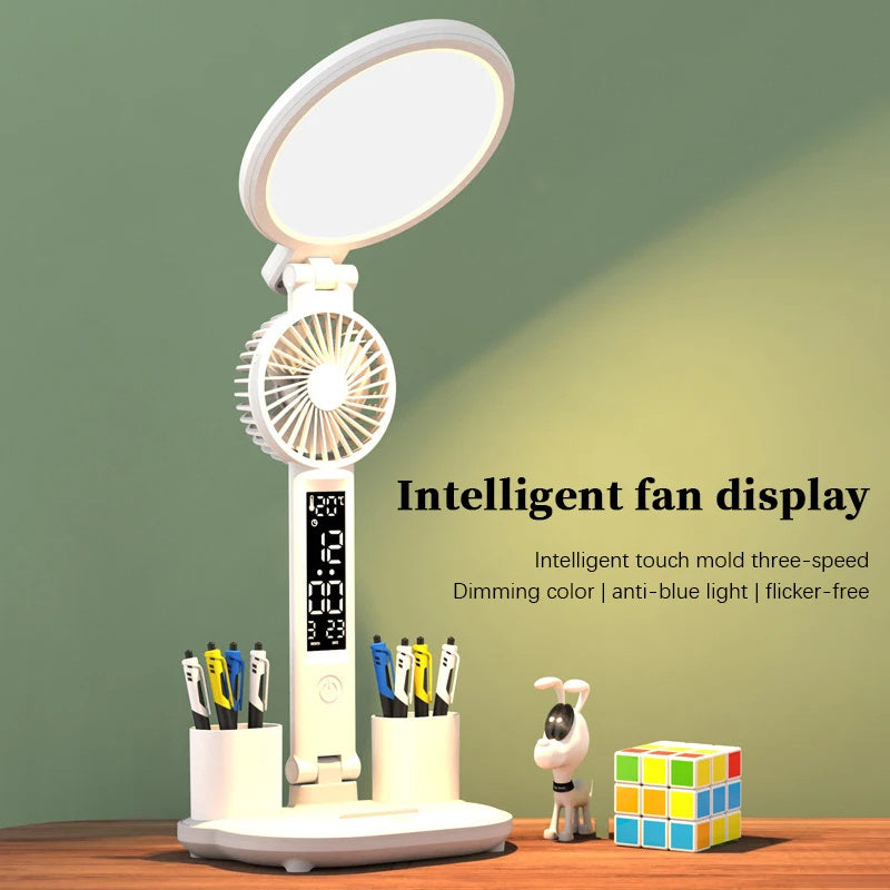 LED Clock Table Lamp USB Chargeable,Fan Light Foldable.