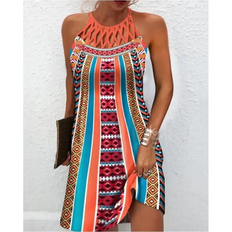 Fashion Print Dress Casual Halterneck Dresses