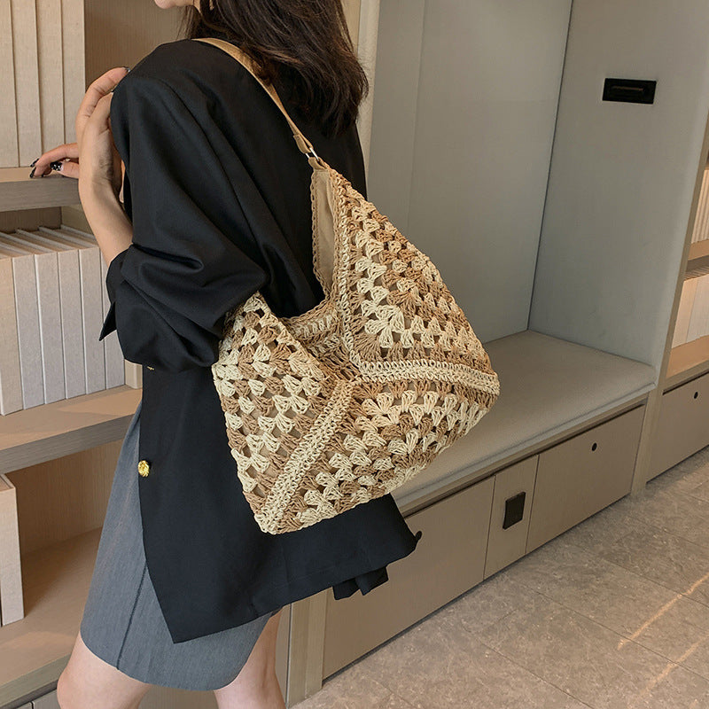 Handmade Straw Woven Hollow Contrast Color Weave Shoulder Bag